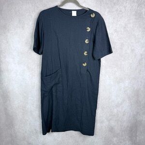 Bird Brooklyn Textiles NYC Linen Short Sleeve Shift Dress In Blue Women's Sz XS